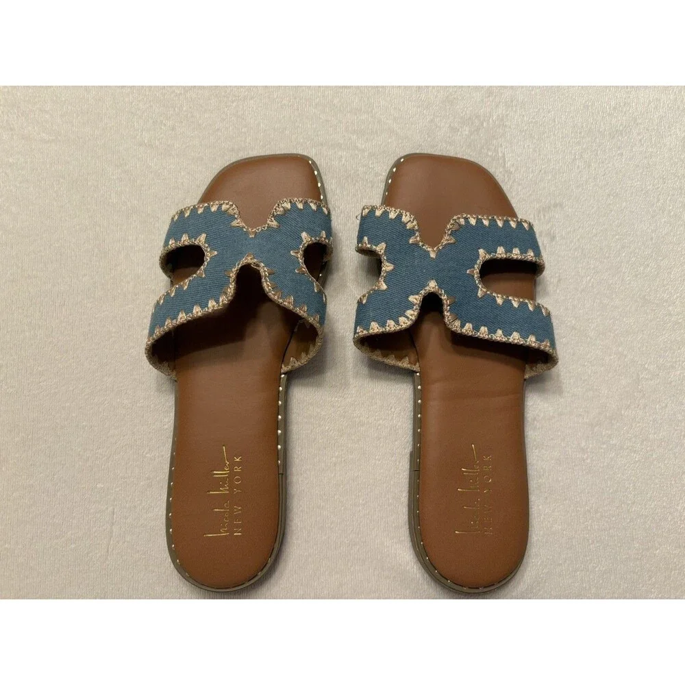 Nicole Miller Jessa Slide Sandals Women 7 Blue Scalloped Embroidered Slip On